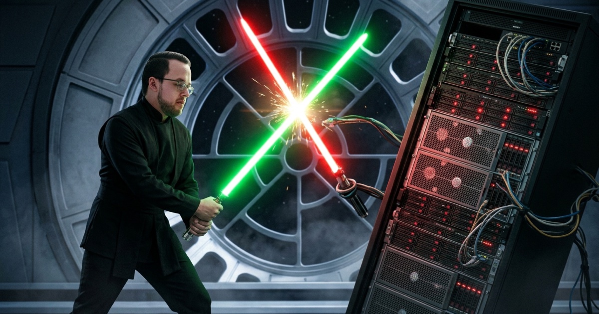Eric in black Jedi clothes clashes a green lightsaber with a red lightsaber held by a cable-covered server rack in a Death Star throne room.