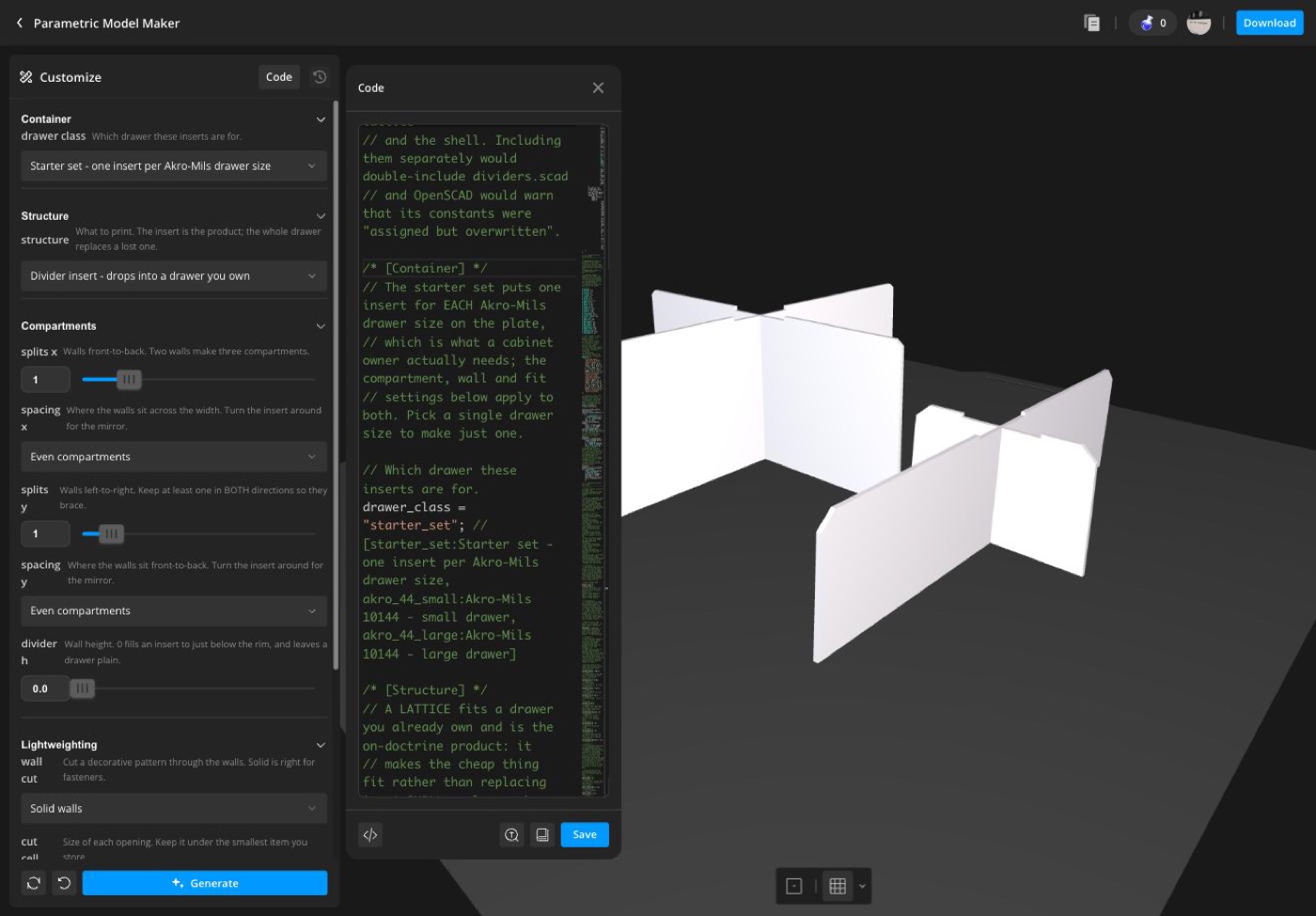 The MakerWorld customizer: OpenSCAD source on the left, the rendered insert on the right