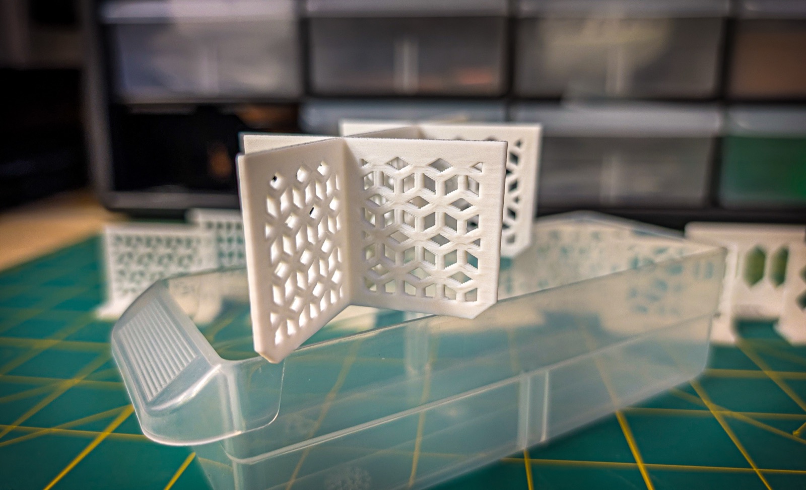 A 3D-printed drawer insert with a cutout wall pattern, in front of the Akro-Mils cabinet