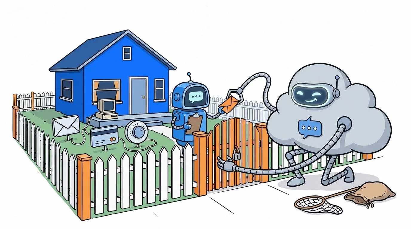 Editorial illustration of a blue house inside a white picket fence with an orange padlocked gate; a small blue robot with a chat-bubble face passes an orange slip over the gate to a grey cloud-shaped robot, whose other arm reaches between the pickets toward an envelope and a bank card on the lawn, a net and a sack beside it.