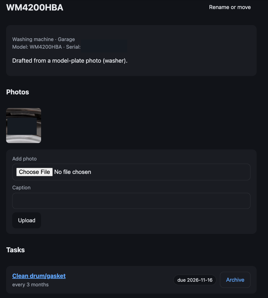 The Home Register screen in Life Console showing a washing-machine record with its photo and one recurring maintenance task; identifying fields are masked.
